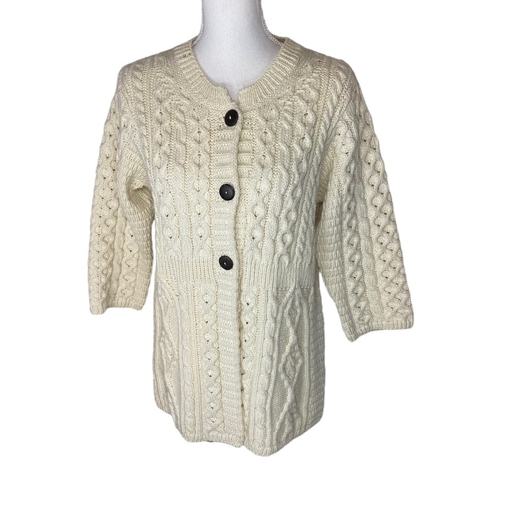 Kilronan Irish Merino‎ Wool Cream Cable Knit Cardigan Sweater Small